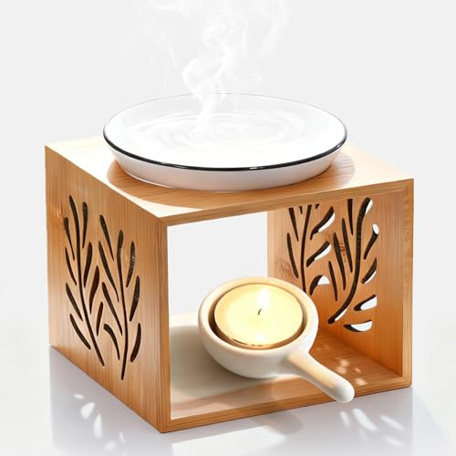 Lampada profumata, lampada aromatica, lampada profumata per oli essenziali, lampada tealight con struttura in legno, ciotola in ceramica e porta lumini, 115 x 115 x 82 mm, fornello per oli profumati