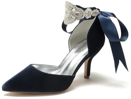 EICOFF Womens Pearl Ankle Strap Pumps High Heels Rhinestone Closed Toe ridal Shoes Wedding Prom Party Dress Pumps Sandals,Dark Blue,2 UK
