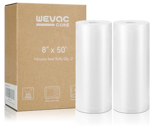 Wevac Vacuum Sealer Bags 8x50 Rolls 2 pack for Food Saver, Seal a Meal, Weston. Commercial Grade, BPA Free, Heavy Duty, Great for vac storage, Meal Prep or Sous Vide