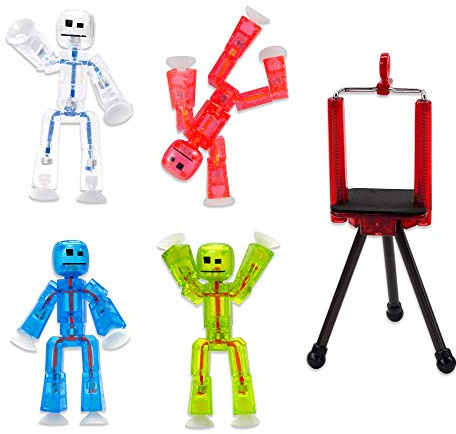 StikBot Zing - Juego de 4 figuras de acción transparentes y trípode para teléfono móvil