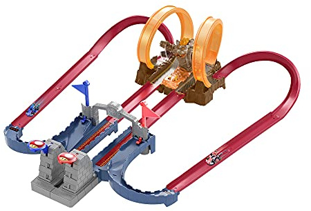 Hot Wheels Mario Kart Bowser’s Castle Chaos Modular Track with Side by Side Racing Lap Flags and Bowser Figure Connects to other sets Gift idea for Ages 3 years and older​