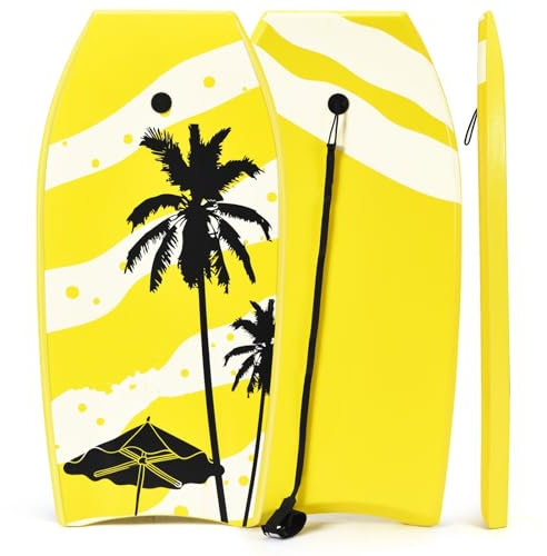 GYMAX Surfbrett, Schwimmbrett mit Zugseil & EPS Schaumstoff-Kern, Bodyboard Surfboard für Kinder & Erwachsene (105 x 51 x 6 cm, Gelb)