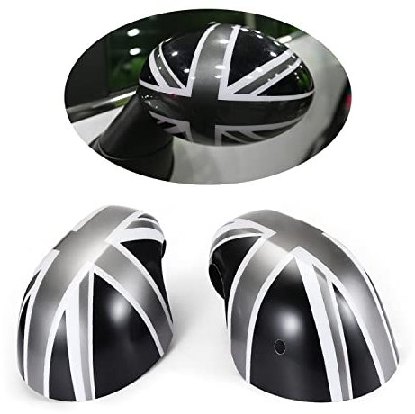 MINI F54 F55 F56 F57 F60 Nach Juli 2019 Spiegelabdeckungen, AutoTür spiegelkappen für Mini Cooper S/JCW F54-F60 2020-2023(Union Jack grau, F-Serie Mit Lichtloch)