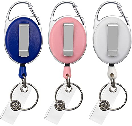 3 Pack Badge Holder with Clip, Badge Reels Retractable Heavy Duty Keychain with Key Belt Reel for Key Ring ID Card Badge Holder