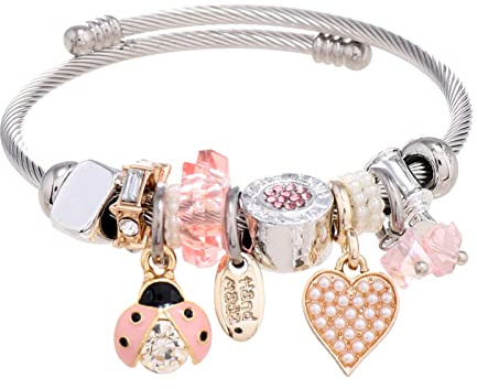 DS Charm Bracelets for girls,exquisite cute cartoon friendship bracelets Silver Stainless Steel Bangle with birthday Gift box, Adjustable girls jewelry Suitable for holiday gifts (Silver-pink beetle)