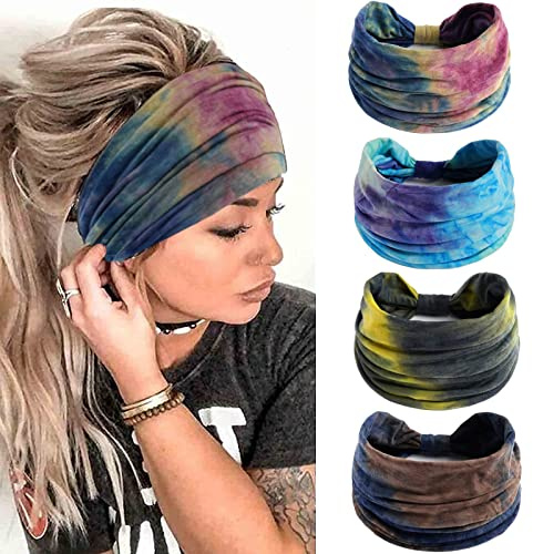 4 Pcs Wide Headbands for Women,Fashion Head Bands Non Slip Elastic Hair Bands Knoted Turban,Sport Sweat Headband for Yoga Running Gym (color-3)