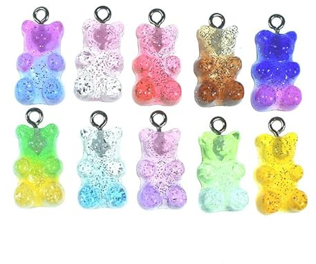 Söt björn Berlock Hängen, 40 St Gummi Harts Färgglad Björn Ögla Nyckelring Hängen Med Glitterpulver För Gör-Det-Själv Smycken Halsband Tillbehör