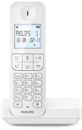 Philips DECT D2701W - Telefono Fisso Cordless, Display Retroilluminato da 4,6, Microfono verticale, Chiamate in Vivavoce, Fino a 14 ore, Antenna Ottimizzata, Impostazioni Sulla Privacy - Bianco