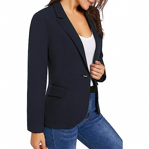 L9WEI Blazer para mujer, monocolor, manga larga, elegante, blazer de solapa, elegante, para negocios, oficina, oficina, otoño, ropa de exterior, azul, M