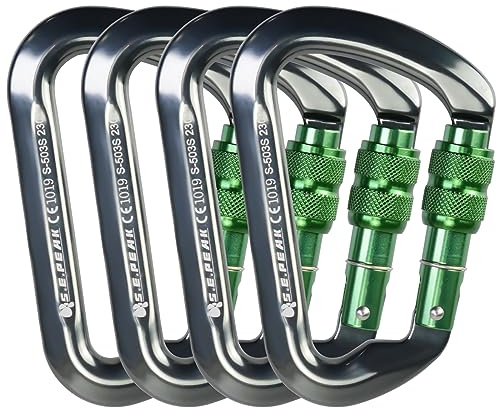 SEPEAK UIAA CE 30kN Locking Climbing Carabiner, Professional Heavy Duty Screwgate Clip for Outdoor Climbing, Mountaineering, Rappelling, Camping, Hiking, Swing, Large D Carabiner Hook/6744lb,4pc