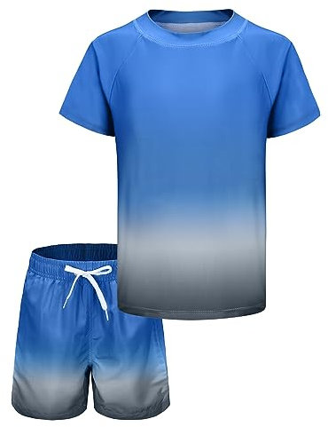 Boys Rash Vest Kids Two Piece Swimming Costume with Board Shorts Short Sleeve Boys Swimsuit Set Age 15-16 Years Blue Grey