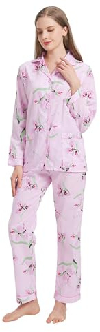 Amaxer Pigiama da Donna in Due Pezzi Set Pigiama in Cotone Set da Notte da Notte a Maniche Lunghe Tuta da Notte e Pantaloni del Pigiama Set da Salotto,Grande Fiore Rosa,M