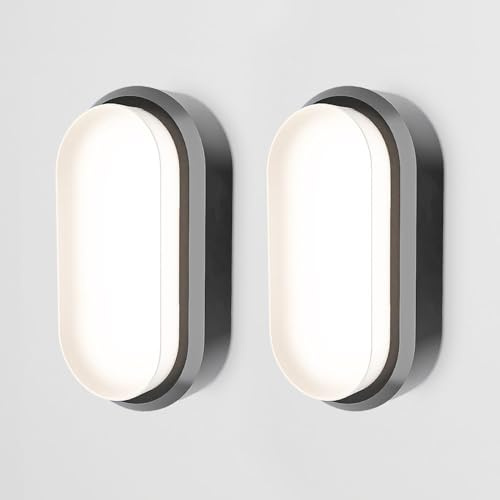 HOFTRONIC 2er Set - C-Series LED Kellerlampe Schwarz - 18W 1830lm Wandleuchte Oval - IP54 LED Feuchtraumleuchte - 4000K Neutralweiß - Wandlampe Deckenlampe für Treppe Flur Keller WC Garage