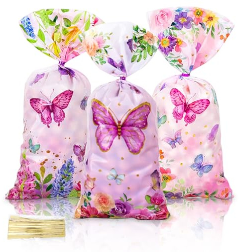 Lot de 50 petits sacs de fête personnalisés en cellophane avec motif papillon pour enfants, cadeaux de fête pour filles, femmes, décorations d'anniversaire, fêtes prénatales
