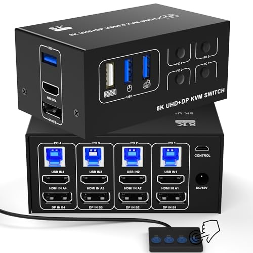 HDMI Displayport KVM-switch 4 dator 2 bildskärmar – 8K@60Hz 4K@120Hz KVM-switchar DP1.4 HDMI2.1, dubbel bildskärmsbrytare för 4 PC delar 2 bildskärmar och tangentbordsmus, med skrivbordsstyrenhet