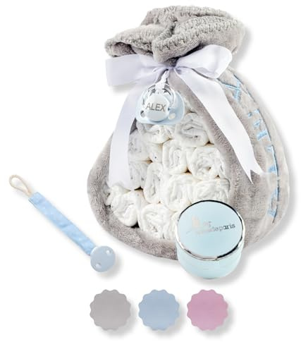 Torta Pannolini Neonato con Coperta Ricamata + 15 Pannolini Moltex Taglia 2 (3/6 Mesi) + Ciuccio con Nome + Accessori (Blu | Set con ciuccio) | BebeDeParis