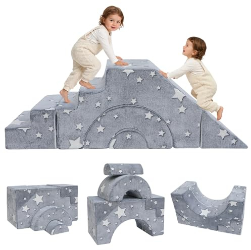 MeMoreCool Kids Play Sofa, Modular Toddler Climbing Couch, Glowing Stars | Foam Toddler Chair, Convertible Sectional Baby Couch For Climb Crawl, Playroom Furniture With Slide and Stair