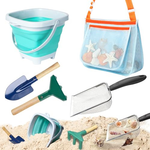 LIDAGO 5 Pcs Sand Toys Beach Set Include 1 Metal Shovel,1 Metal Rake,1 Foldable Beach Bucket & 1 Sand Sifter with 1 Mesh Beach Bag for Shells Collecting