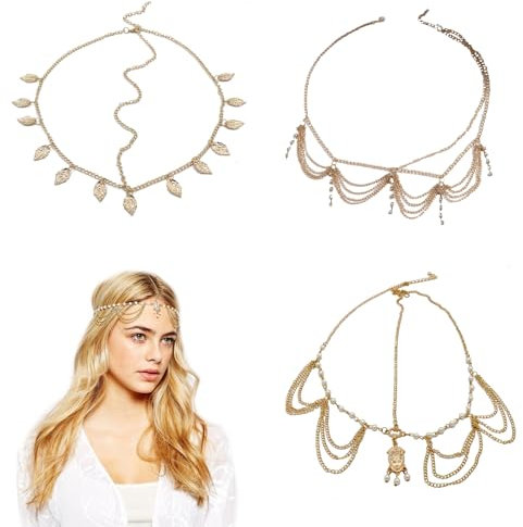FOSDICK 3 Stück Kopfkette mit Pailletten, Wahrsagerin Kopfschmuck, Kopfkette Gold, Elegant Kopfschmuck Orientalisch, Boho Quasten Kopf Kette, Braut Haarkette Gold für Frauen und Mädchen