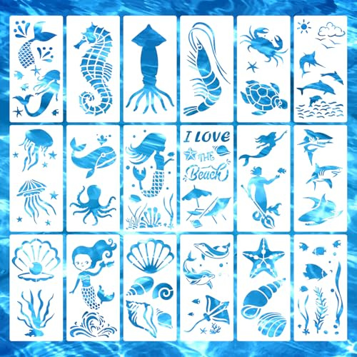 18PCS Sea Life Stencils,Reusable Ocean Stencils for Painting on Wood, Sea Creatures Stencil DIY Craft Template for Painting on Furniture, Canvas, Wall, Home Decor