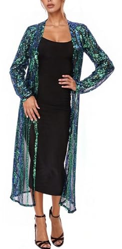 Duohropke Cárdigan de lentejuelas para mujer, largo, sexy, abrigo, primavera, otoño, oversize, chaqueta de punto brillante, maxi abierta, chaqueta boho transparente, kimono para fiesta, carnaval