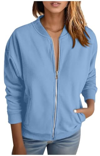 Duohropke Chaqueta bomber para mujer, chaqueta ligera de entretiempo sin capucha, manga larga, cuello alto, chaqueta de aviador, estilo deportivo, chaqueta de ciclismo, chaqueta con cremallera