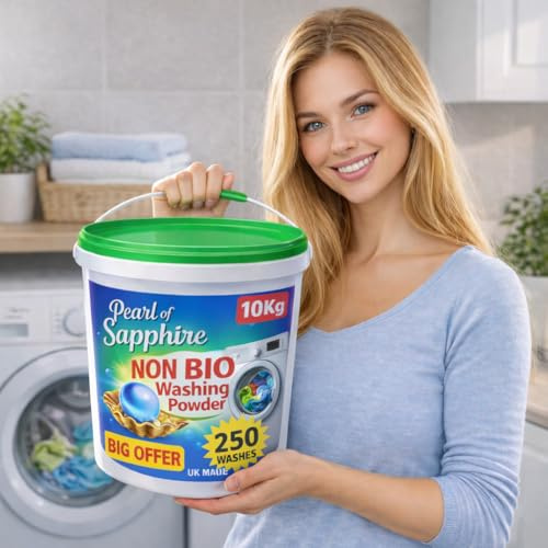 Non-Bio washing Powder Family pack 10 Kg bucket – Powerful stain removal, Deep Clean, Fresh Linen Scent and Gentle on Skin - 250 Washes Made in UK Laundry Detergent