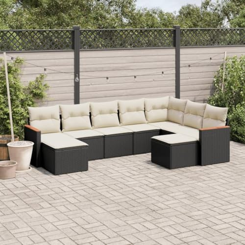 Ensemble de 9 meubles de jardin en polyrotin noir avec coussins blancs crème - Groupe de sièges d'extérieur modulaires pour terrasse, balcon, jardin, résistant aux UV