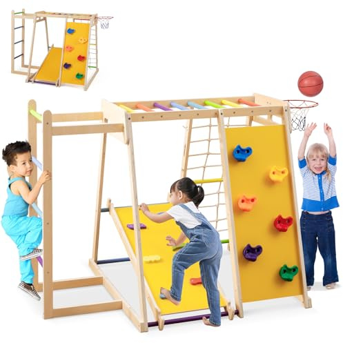 HOMASIS Estructura de Escalada de Madera para Niños, Triángulo de Escalada 6 en 1 con Tobogán de Doble Cara, Red de Escalada, Escalera de Escalada, Canasta de Baloncesto, Rocas de Escalada