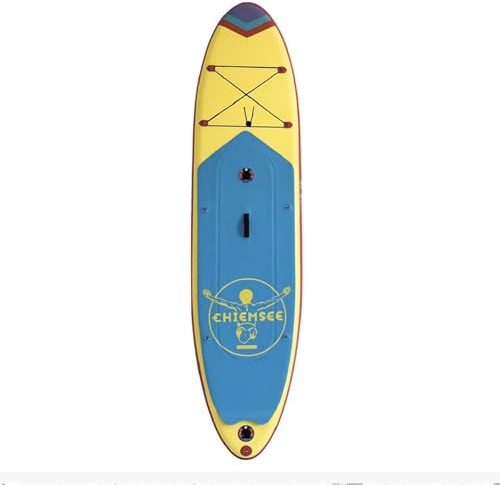 Happy People Chiemsee Stand Up Paddle Set 325 cm – SUP Board aufblasbar Komplettset mit Paddel, Pumpe & Rucksack – Doppelkammer Drop Stitch, bis 150 kg – stabiles Allround SUP für Anfänger (gelb/blau)