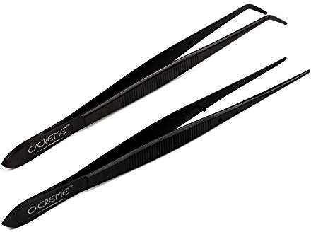 O'Creme Black Stainless Steel Precision Kitchen Culinary Fine-Tip Tweezer Tongs, 1 Curved and 1 Straight