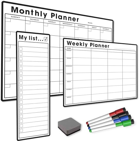 TMS Weekly Planner Bundle #1 | Magnetic Whiteboard Planner Dry Erase Set, 5 Pack | A4 Weekly Planner, S3 My List, A3 Monthly Calendar | 4 Dry Wipe Marker Pens, Eraser (White, Bundle 1)