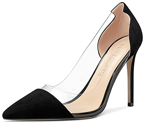 NobleOnly Mujer Transparente Zapatos de Tacón Pumps Tacón de Aguja 10CM High Heels Negro Ante Zapatos EU 36