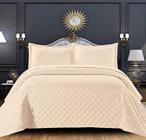 PRIME LINENS Super King Size Bedding Set - Beige Quilted Bedspread Throw + 2 Pillow Shams - Reversible Embossed Pattern Quilt Bed Cover for Bedroom Decor