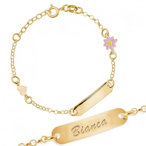 Sakrami Bracciale in Argento 925 Piastrina Incidibile per Bambini con Fiorellino e Cuore + Confezione Regalo Personalizzata - Braccialetto per Nascita Comunione o Battesimo