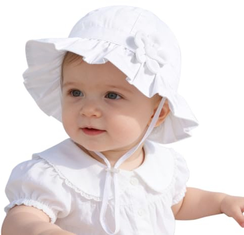 Baby Girl Wide Brim Bucket Hats with UPF 50+ Outdoor Adjustable Beach Hat with Sun Hat(0-6 Months,White-Petal)