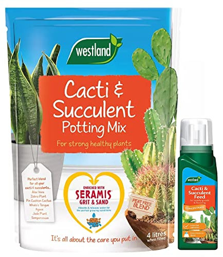 Westland Cacti & Succulent Growing Bundle - Peat Free Succulent Potting Mix Compost with Seramis 4L Bag & Cactus Feed Concentrate 200ml. House Plant Compost Food with Topline Card.