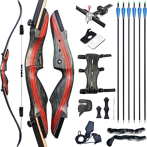 wolfman 62 Bogenschießen Recurve Bogen und Pfeil für Erwachsene 20-50lbs Takedown Holzbogen Set Recurvebogen Set für Jagd & Zielschießen Rechtshänder (40LBS)