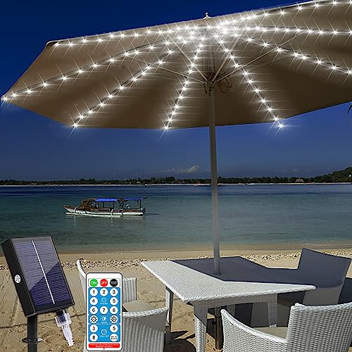 Patio Umbrella String Lights,KINGCOO Waterproof 104LED Solar Powered Umbrella Light Hanging Parasol Decor Pole Lights 8Modes Remote Control for Outdoor Patio Umbrellas Camping Tents (Cool White)