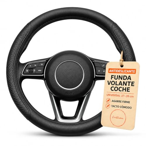 CAELLUMA Funda Volante Coche Universal 37-39 Centímetros de Cuero Sintético Antideslizante · Fácil de Instalar · Compatible con Airbag · Resistente al Sol y al Uso Diario (Negro)