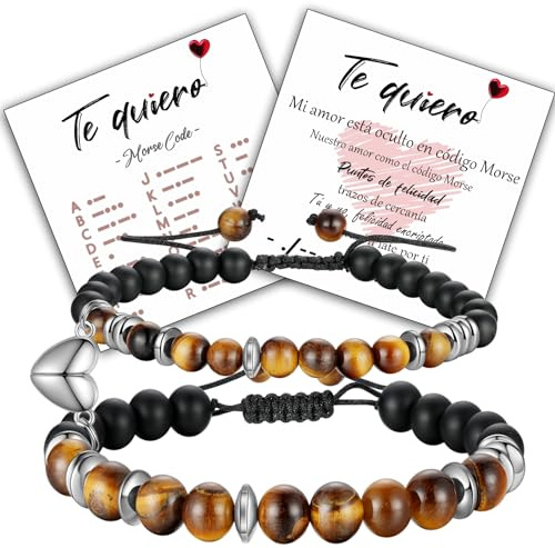 Regalo san valentin Pulseras para parejas – 2 pulseras con código Morse para parejas con Atracción Magnética– Código Morse Te Quiero - regalos para parejas,pulsera de código Morse, Ojo de tigre