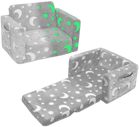 SLIGUY Toddler Convertible Sofa Chair - Kids Fold Out Couch to Lounger, Glow in the Dark Pull Out Sofa for Boys and Girls (Medium)