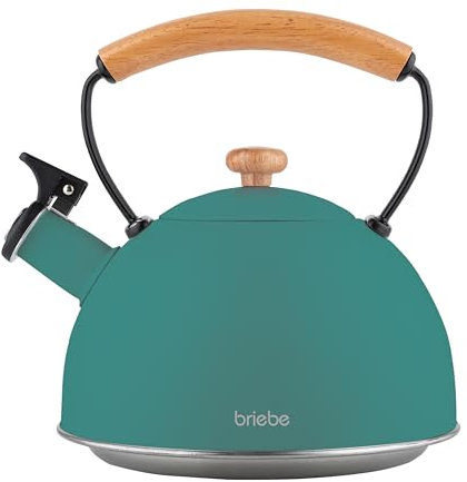 briebe Nordic Bollitore Induzione a Fischio 2,3 L, Acciaio Inossidabile, Tutti Fornelli: Vetroceramica, Gas, Elettrico, Manico in Legno Cool Touch, per Tè, Caffè, Tea Pot, Verde