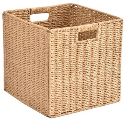 Fasksh Cestino di vimini decorazione e organizer per bagno, soggiorno, cucina cestini portaoggetti in rattan, grande cesto quadrato per frutta smerlato per organizzare (colore: kaki, dimensioni: 35 x