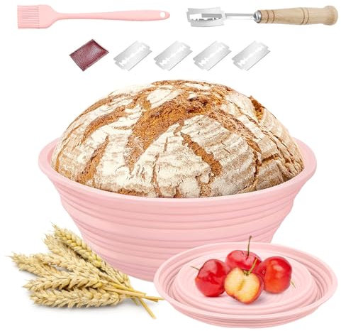 Daover Gärkor zum Brotbacken Gärkörbchen für Brot, 23.5cm Runde Silikon Brotgärkörbe, inklusive Bäckermesser, Pinsel Gährungskorb set für Profibäcker und den Hausgebrauch(Rosa)