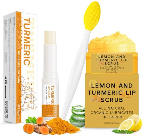 3PCS Turmeric Lemon Lip scrub and Turmeric Lip Balm with Brush Set, Lip Scrubber Exfoliator, Dark Lips Treatment for Smokers, Natural Exfoliator & Moisturizer Cracked, Dull, Reduce Fine Lines Lips