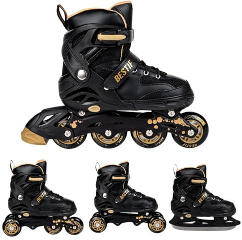 BESTIF Inliner für Kinder und Erwachsene Inline Skates 4in1 Rollschuhe Schlittschuhe Verstellbar (Schwarz-Gold, 38-41)