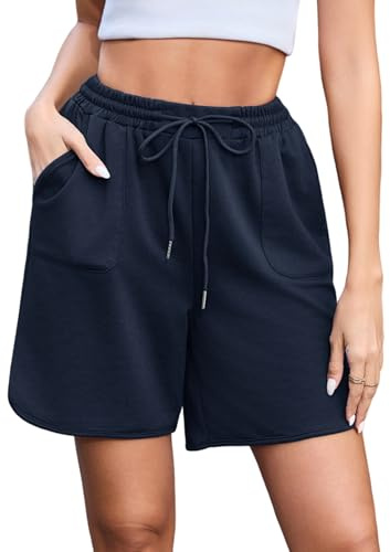 Aottori Löparshorts för kvinnor, sommar, sport, kortbyxor, sweatshirt, träningsoverall, underdel, hög midja, bomull, vardaglig, lounge, gym, dragsko joggingbyxor med fickor, Marinblått Xsp, M