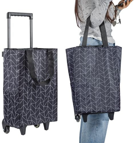 CROWNSHOP Trolley Bags Shopping Trolley on Wheels Foldable with Telescopic Handle Reusable Water Proof Trolley Bag Shopping Trolleys Suitable for Shopping Supermarkets and Travel Black