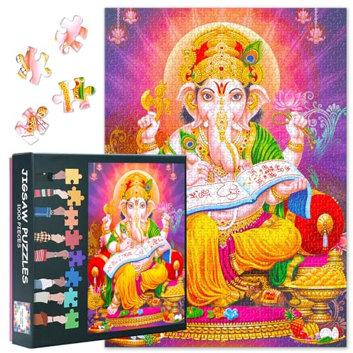 Jigsaw Puzzle 1000 Pieces Hindu Lord Ganesha Spiritual Art Ancient Indian Deity Paper Puzzle for Adults Yoga Meditation Focus Home Temple Decor Gift 27.5x19.7 Inches